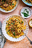 Spaghetti with a Greek-style meat sauce