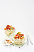 Chicken and chickpea salad with tomatoes and curry yogurt dressing