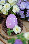 Easter nest with ceramic egg, primula (Primula) and horned violet (Viola cornuta)