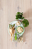 Flat and curly parsley, chopped parsley roots