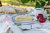Veganer gedeckter Apfel-Streuselkuchen mit Vanillepudding gefüllt auf Gartentisch