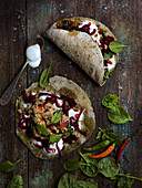 Spicy vegetarian tacos with quinoa, spinach and yoghurt