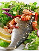 Bass with prawns and salad (close-up)