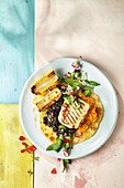 Pumpkin tostadas with beans and roasted halloumi