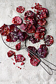 Fried beetroot slices with white sesame seeds