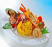 Seafood platter with yellow rice (Maldives)