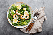 Protein rich keto salad with shrimp, avocado, and egg