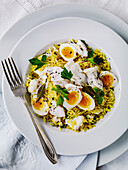 Anglo-Indian rice kedgeree with smoked haddock and quail eggs