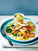 Grilled chicken salad with spinach peppers and lemon mayoniase
