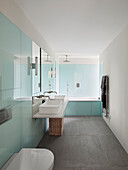 Minimalist bathroom with light blue glass panelling