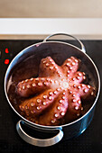From above of whole raw octopus boiling in pot on modern black induction cooker in light kitchen during cooking process