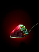 Ripe red strawberry with green leaf on fork against dark red background in studio with dim light