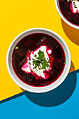 Bowls with tasty borscht made with beetroot on background of colors of Ukrainian flag