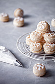 Homemade macarons decorated with snowflakes