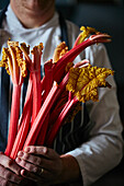 Cook with apron holding rhubarb stalks in his hands