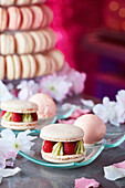 Raspberry pistachio macarons