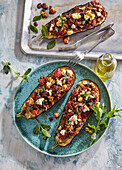 Roasted eggplant with feta cheese and minced meat