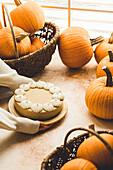 Pumpkin cheesecake surrounded by pumpkins