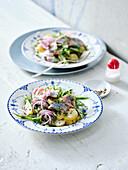 Potato salad with soused herring, shallots, cress and crème fraîche
