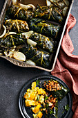 Pointed cabbage roulades with a soy-mushroom filling and courgette smash