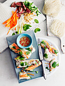 Winter rice paper rolls with Sriracha beef and vegetables