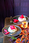Mini meringues with white chocolate cream and poached rhubarb