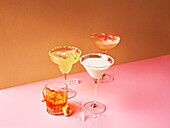 A Coconut Margarita, a Marzipan Old Fashioned, a White Chocolate Martini and a Rhubarb Fizz
