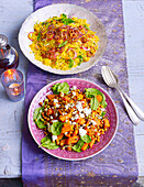 Goldener Couscous mit Aprikosen und Karotten-Pistazien-Feta-Salat mit Minze