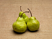 Green pears on burlap