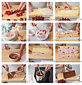 Preparing biscuit cake roof with cherries
