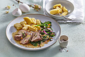 Roast lamb with spinach and potato gnocchi for Easter