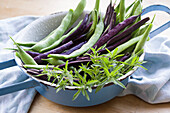 Purple and green beans with savory in a vintage enamel sieve