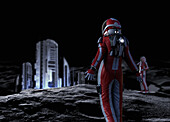 Astronauts walking to a moon hotel complex, illustration