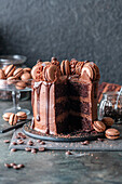 Chocolate coffee cake with macarons