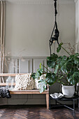 Wooden bench and houseplant in front of grey painted wall panel