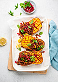 Stuffed butternut squash with Moroccan spiced ground lamb