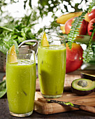 Smoothies made with mango, avocado, apple, banana and spinach
