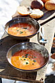 Steaming tomato soup on a table in a wintery garden