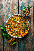 Sweet potato and walnut tart with blue cheese and parsley