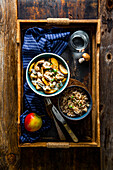 Bowl with Turkey breast, mushrooms, apple slices, cream, and spelt rice