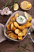 Baked rosemary potatoes with vegan 'sour cream
