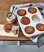 Vegan brown bread muffins with olive dip
