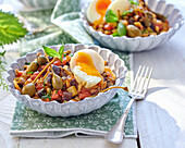 Caponata with caper apples and soft-boiled egg