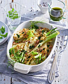 Gratinated fennel with cheese and walnut crust