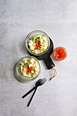 Egg salad in a glass with trout caviar