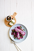 Red cabbage summer rolls with grilled goat cheese
