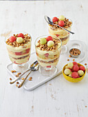 Melon trifle with toasted oat flakes and vanilla pudding