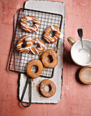 Potato donuts with cinnamon-sugar and lemon glaze