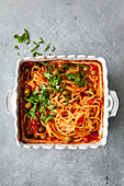 Oven-roasted spaghetti alla puttanesca