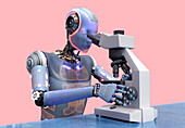 Humanoid robot working with microscope, illustration